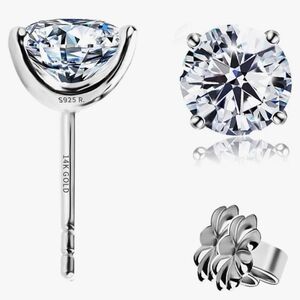 14K Gold Post Sterling Silver CZ Studs Earrings